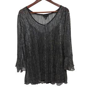 ADIVA Sheer Silver Metallic Bell Sleeve‎ Blouse Top in Black - Size 1X